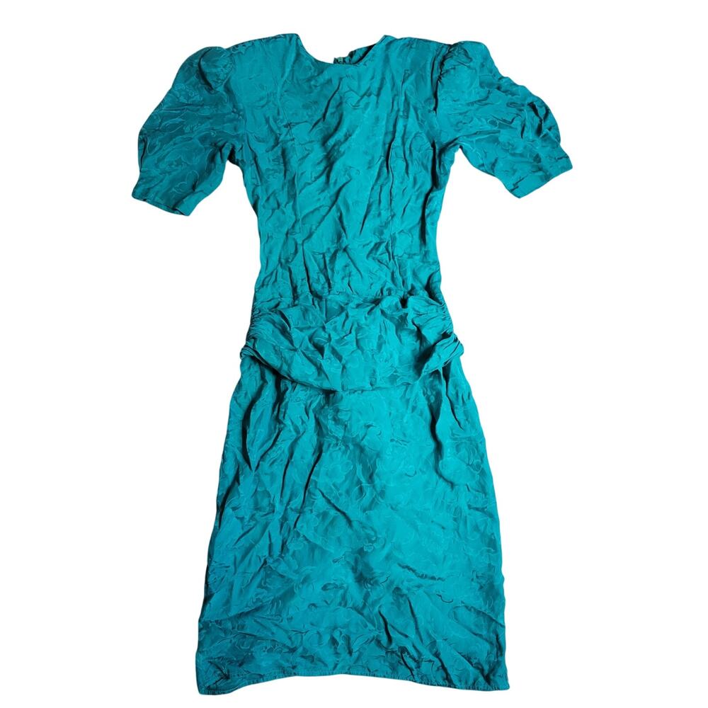 Vtg 80s Sz 6 Maggie London 100% Silk Midi Dress Teal Turquoise Green Puff Sleeve